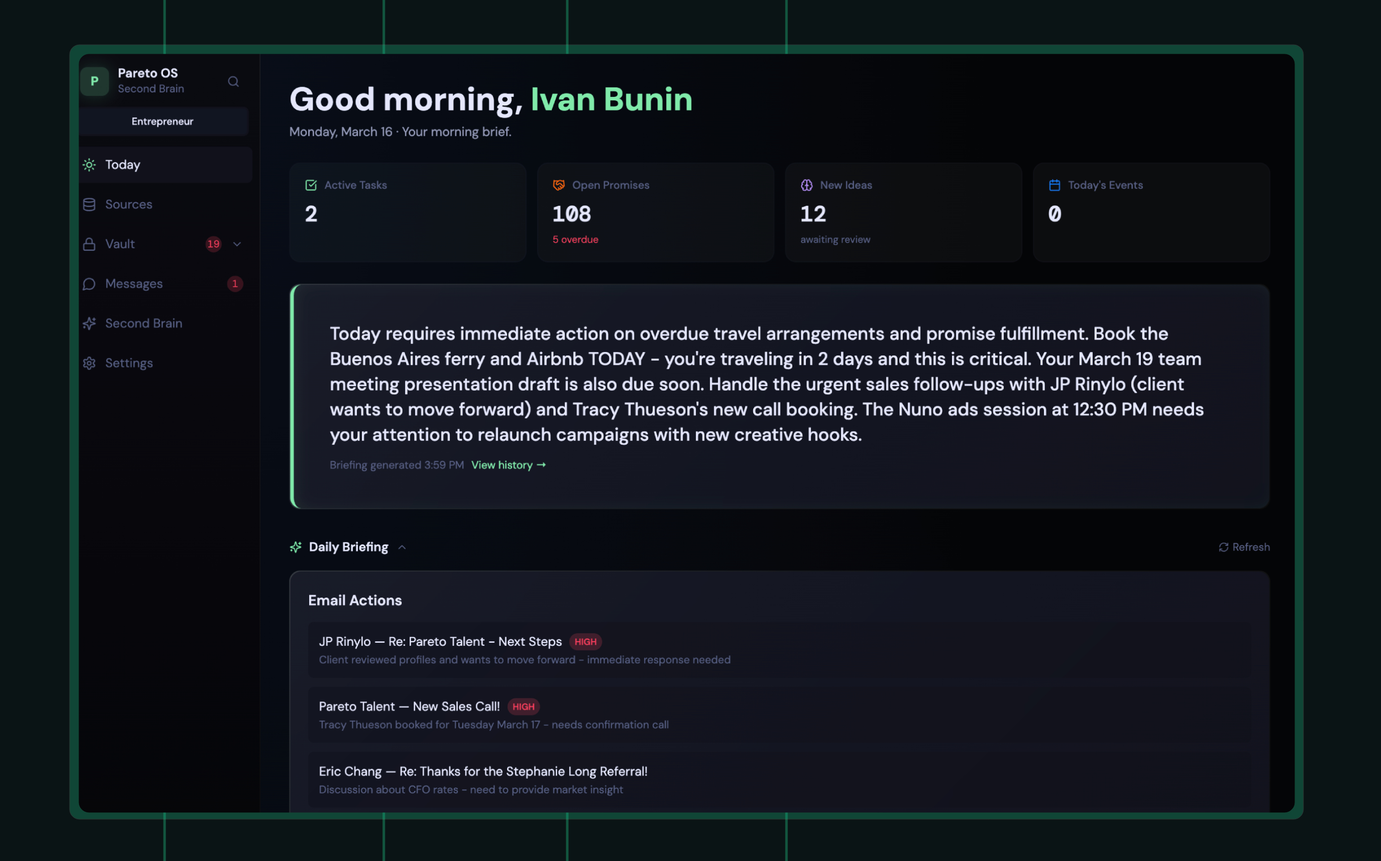 Pareto Talent Second Brain OS dashboard